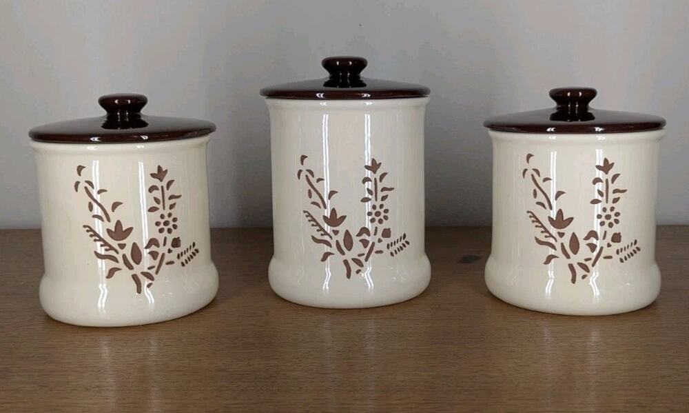 Vintage Holiday Designs USA Canister Set Of 3 Ceramic Brown White Floral Cut Out